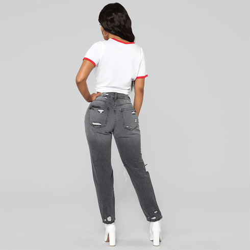 Ripped big hole fashion Jeans Women High Waist skinny pencil Denim Pants Elastic Stretch sexy slim fit gray Jeans women S-2XL - ROUTINE FASHION